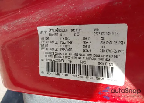 2005 Dodge Dakota Slt z USA, uszkodzony, nr VIN 1D7HW48N05S250364